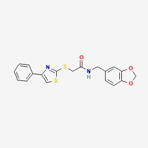 molecular formula C19H16N2O3S2 B2915682 N-(苯并[d][1,3]二氧杂环-5-基甲基)-2-((4-苯并噻唑-2-基)硫代)乙酰胺 CAS No. 727689-61-4