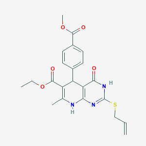 molecular formula C22H23N3O5S B2915713 Ethyl 2-(allylthio)-5-(4-(methoxycarbonyl)phenyl)-7-methyl-4-oxo-3,4,5,8-tetrahydropyrido[2,3-d]pyrimidine-6-carboxylate CAS No. 878625-43-5