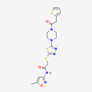 molecular formula C18H20N6O3S3 B2915891 N-(5-methyl-1,2-oxazol-3-yl)-2-[(5-{4-[2-(thiophen-2-yl)acetyl]piperazin-1-yl}-1,3,4-thiadiazol-2-yl)sulfanyl]acetamide CAS No. 1170520-62-3
