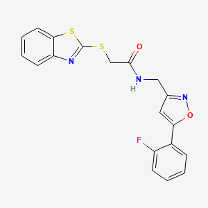 molecular formula C19H14FN3O2S2 B2916164 2-(1,3-benzothiazol-2-ylsulfanyl)-N-{[5-(2-fluorophenyl)-1,2-oxazol-3-yl]methyl}acetamide CAS No. 1207010-16-9