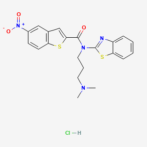 molecular formula C21H21ClN4O3S2 B2916217 N-(1,3-BENZOTHIAZOL-2-YL)-N-[3-(DIMETHYLAMINO)PROPYL]-5-NITRO-1-BENZOTHIOPHENE-2-CARBOXAMIDE HYDROCHLORIDE CAS No. 1216401-82-9
