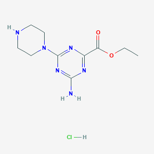 molecular formula C10H17ClN6O2 B2916228 Ethyl 4-amino-6-(piperazin-1-yl)-1,3,5-triazine-2-carboxylate hydrochloride CAS No. 2137647-53-9