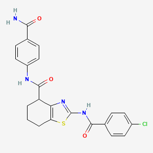 molecular formula C22H19ClN4O3S B2916315 N-(4-carbamoylphenyl)-2-(4-chlorobenzamido)-4,5,6,7-tetrahydrobenzo[d]thiazole-4-carboxamide CAS No. 955751-74-3