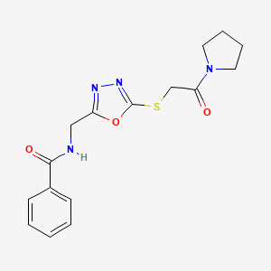 molecular formula C16H18N4O3S B2916377 N-((5-((2-oxo-2-(pyrrolidin-1-yl)ethyl)thio)-1,3,4-oxadiazol-2-yl)methyl)benzamide CAS No. 906154-87-8