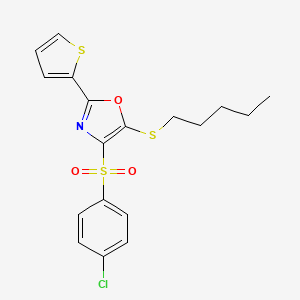 molecular formula C18H18ClNO3S3 B2916448 4-((4-Chlorophenyl)sulfonyl)-5-(pentylthio)-2-(thiophen-2-yl)oxazole CAS No. 850928-23-3