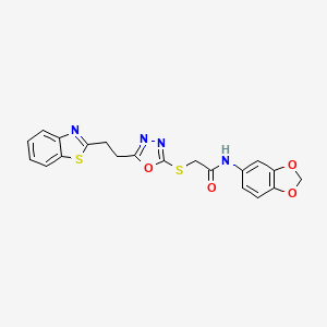 molecular formula C20H16N4O4S2 B2916775 N-(2H-1,3-BENZODIOXOL-5-YL)-2-({5-[2-(1,3-BENZOTHIAZOL-2-YL)ETHYL]-1,3,4-OXADIAZOL-2-YL}SULFANYL)ACETAMIDE CAS No. 1251563-16-2