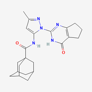 molecular formula C22H27N5O2 B2916785 N-[5-Methyl-2-(4-oxo-3,5,6,7-tetrahydrocyclopenta[d]pyrimidin-2-yl)pyrazol-3-yl]adamantane-1-carboxamide CAS No. 1003799-31-2