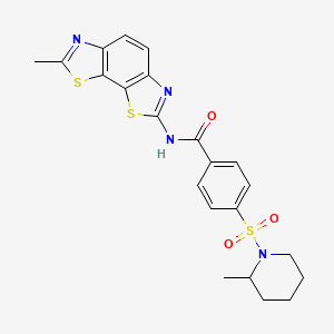 molecular formula C22H22N4O3S3 B2916922 N-{11-methyl-3,12-dithia-5,10-diazatricyclo[7.3.0.0^{2,6}]dodeca-1(9),2(6),4,7,10-pentaen-4-yl}-4-[(2-methylpiperidin-1-yl)sulfonyl]benzamide CAS No. 442556-82-3