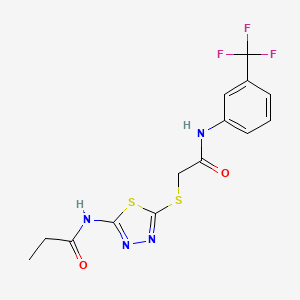 molecular formula C14H13F3N4O2S2 B2917007 N-(5-((2-oxo-2-((3-(trifluoromethyl)phenyl)amino)ethyl)thio)-1,3,4-thiadiazol-2-yl)propionamide CAS No. 836677-36-2