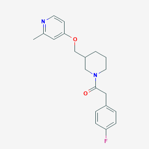 molecular formula C20H23FN2O2 B2917355 2-(4-Fluorophenyl)-1-(3-{[(2-methylpyridin-4-yl)oxy]methyl}piperidin-1-yl)ethan-1-one CAS No. 2379989-06-5