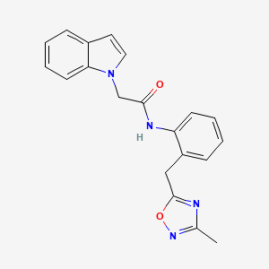 molecular formula C20H18N4O2 B2917529 2-(1H-indol-1-yl)-N-{2-[(3-methyl-1,2,4-oxadiazol-5-yl)methyl]phenyl}acetamide CAS No. 1448063-24-8