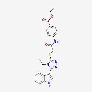 molecular formula C23H23N5O3S B2917659 ethyl 4-(2-((4-ethyl-5-(1H-indol-3-yl)-4H-1,2,4-triazol-3-yl)thio)acetamido)benzoate CAS No. 852144-01-5