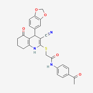 molecular formula C27H23N3O5S B2917740 N-(4-acetylphenyl)-2-{[4-(1,3-benzodioxol-5-yl)-3-cyano-5-hydroxy-4,6,7,8-tetrahydroquinolin-2-yl]sulfanyl}acetamide CAS No. 370852-31-6