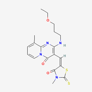 molecular formula C19H22N4O3S2 B2917792 2-[(3-乙氧基丙基)氨基]-9-甲基-3-[(E)-(3-甲基-4-氧代-2-硫代-1,3-噻唑烷-5-亚甲基)]-4H-吡啶并[1,2-a]嘧啶-4-酮 CAS No. 617696-68-1