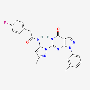 molecular formula C24H20FN7O2 B2917805 2-(4-fluorophenyl)-N-(3-methyl-1-(4-oxo-1-(m-tolyl)-4,5-dihydro-1H-pyrazolo[3,4-d]pyrimidin-6-yl)-1H-pyrazol-5-yl)acetamide CAS No. 1172715-31-9