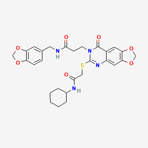molecular formula C28H30N4O7S B2917826 N-[(2H-1,3-benzodioxol-5-yl)methyl]-3-(6-{[(cyclohexylcarbamoyl)methyl]sulfanyl}-8-oxo-2H,7H,8H-[1,3]dioxolo[4,5-g]quinazolin-7-yl)propanamide CAS No. 896705-71-8