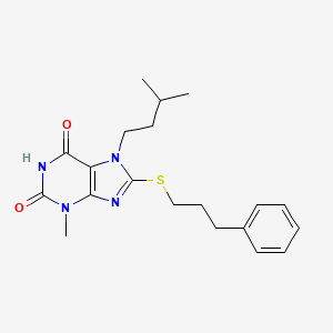 molecular formula C20H26N4O2S B2917858 3-Methyl-7-(3-methylbutyl)-8-(3-phenylpropylsulfanyl)purine-2,6-dione CAS No. 331842-92-3