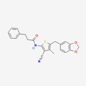 molecular formula C23H20N2O3S B2917971 N-{5-[(2H-1,3-benzodioxol-5-yl)methyl]-3-cyano-4-methylthiophen-2-yl}-3-phenylpropanamide CAS No. 476367-70-1