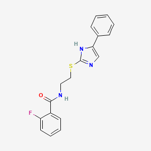 molecular formula C18H16FN3OS B2918047 2-fluoro-N-(2-((5-phenyl-1H-imidazol-2-yl)thio)ethyl)benzamide CAS No. 886898-44-8