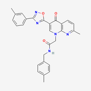 molecular formula C28H25N5O3 B2918183 2-{7-methyl-3-[3-(3-methylphenyl)-1,2,4-oxadiazol-5-yl]-4-oxo-1,4-dihydro-1,8-naphthyridin-1-yl}-N-[(4-methylphenyl)methyl]acetamide CAS No. 1030133-50-6