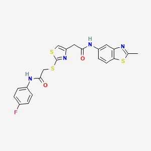 molecular formula C21H17FN4O2S3 B2918198 N-(4-fluorophenyl)-2-((4-(2-((2-methylbenzo[d]thiazol-5-yl)amino)-2-oxoethyl)thiazol-2-yl)thio)acetamide CAS No. 1203317-06-9