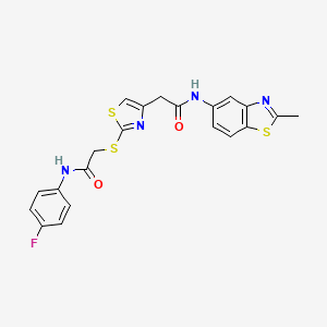 molecular formula C21H17FN4O2S3 B2918198 N-(4-氟苯基)-2-((4-(2-((2-甲基苯并[d]噻唑-5-基)氨基)-2-氧代乙基)噻唑-2-基)硫)乙酰胺 CAS No. 1203317-06-9