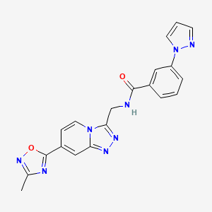 molecular formula C20H16N8O2 B2918341 N-((7-(3-methyl-1,2,4-oxadiazol-5-yl)-[1,2,4]triazolo[4,3-a]pyridin-3-yl)methyl)-3-(1H-pyrazol-1-yl)benzamide CAS No. 2034530-75-9
