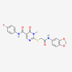 molecular formula C21H17FN4O5S B2918399 2-({[(2H-1,3-benzodioxol-5-yl)carbamoyl]methyl}sulfanyl)-N-(4-fluorophenyl)-1-methyl-6-oxo-1,6-dihydropyrimidine-5-carboxamide CAS No. 894029-03-9