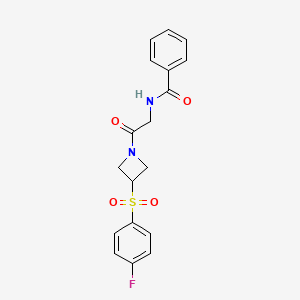 molecular formula C18H17FN2O4S B2918485 N-(2-(3-((4-fluorophenyl)sulfonyl)azetidin-1-yl)-2-oxoethyl)benzamide CAS No. 1797831-96-9