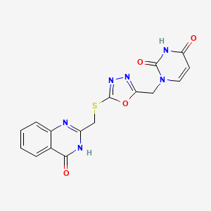 molecular formula C16H12N6O4S B2918534 1-((5-(((4-oxo-3,4-dihydroquinazolin-2-yl)methyl)thio)-1,3,4-oxadiazol-2-yl)methyl)pyrimidine-2,4(1H,3H)-dione CAS No. 1091460-67-1