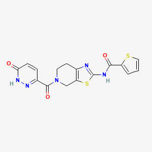 molecular formula C16H13N5O3S2 B2918672 N-(5-(6-oxo-1,6-dihydropyridazine-3-carbonyl)-4,5,6,7-tetrahydrothiazolo[5,4-c]pyridin-2-yl)thiophene-2-carboxamide CAS No. 1351618-24-0