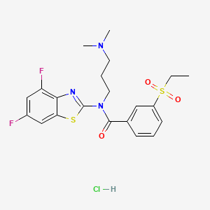 molecular formula C21H24ClF2N3O3S2 B2918840 N-(4,6-DIFLUORO-1,3-BENZOTHIAZOL-2-YL)-N-[3-(DIMETHYLAMINO)PROPYL]-3-(ETHANESULFONYL)BENZAMIDE HYDROCHLORIDE CAS No. 1216639-61-0