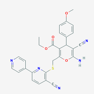 molecular formula C28H23N5O4S B2918977 ethyl 6-amino-5-cyano-2-[({5-cyano-[2,4'-bipyridine]-6-yl}sulfanyl)methyl]-4-(4-methoxyphenyl)-4H-pyran-3-carboxylate CAS No. 313380-24-4