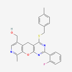 molecular formula C26H22FN3O2S B2919274 [5-(2-fluorophenyl)-14-methyl-7-[(4-methylphenyl)methylsulfanyl]-2-oxa-4,6,13-triazatricyclo[8.4.0.03,8]tetradeca-1(10),3(8),4,6,11,13-hexaen-11-yl]methanol CAS No. 892414-85-6