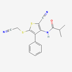 molecular formula C17H15N3OS2 B2919352 N-{2-cyano-5-[(cyanomethyl)sulfanyl]-4-phenyl-3-thienyl}-2-methylpropanamide CAS No. 860609-97-8