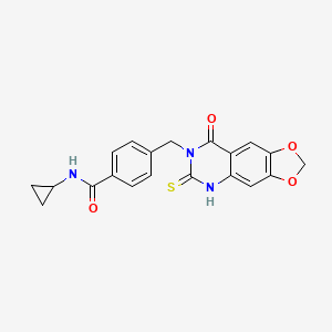 molecular formula C20H17N3O4S B2919517 N-CYCLOPROPYL-4-{[8-OXO-6-THIOXO-5,8-DIHYDRO[1,3]DIOXOLO[4,5-G]QUINAZOLIN-7(6H)-YL]METHYL}BENZAMIDE CAS No. 688055-89-2