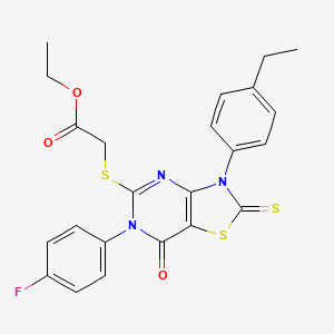 molecular formula C23H20FN3O3S3 B2919545 ethyl 2-{[3-(4-ethylphenyl)-6-(4-fluorophenyl)-7-oxo-2-sulfanylidene-2H,3H,6H,7H-[1,3]thiazolo[4,5-d]pyrimidin-5-yl]sulfanyl}acetate CAS No. 422299-32-9