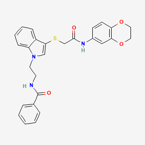 molecular formula C27H25N3O4S B2920043 N-(2-(3-((2-((2,3-dihydrobenzo[b][1,4]dioxin-6-yl)amino)-2-oxoethyl)thio)-1H-indol-1-yl)ethyl)benzamide CAS No. 532969-78-1