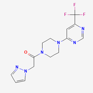 molecular formula C14H15F3N6O B2920137 2-(1H-pyrazol-1-yl)-1-(4-(6-(trifluoromethyl)pyrimidin-4-yl)piperazin-1-yl)ethanone CAS No. 2034411-06-6