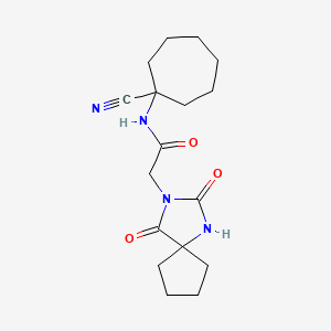 molecular formula C17H24N4O3 B2920147 N-(1-cyanocycloheptyl)-2-{2,4-dioxo-1,3-diazaspiro[4.4]nonan-3-yl}acetamide CAS No. 1258676-23-1