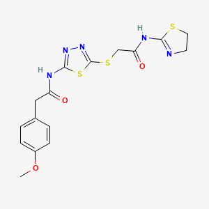 molecular formula C16H17N5O3S3 B2920235 N-(4,5-dihydrothiazol-2-yl)-2-((5-(2-(4-methoxyphenyl)acetamido)-1,3,4-thiadiazol-2-yl)thio)acetamide CAS No. 393567-71-0