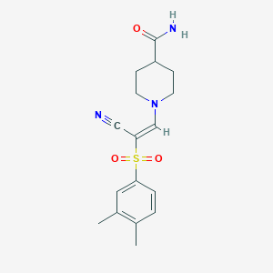 B2920370 (E)-1-(2-cyano-2-((3,4-dimethylphenyl)sulfonyl)vinyl)piperidine-4-carboxamide CAS No. 885185-65-9