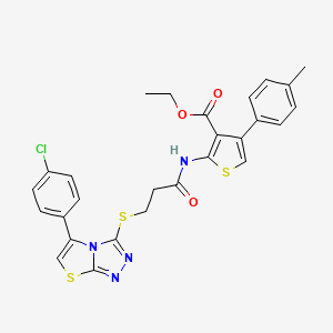 molecular formula C27H23ClN4O3S3 B2920460 ETHYL 2-(3-{[5-(4-CHLOROPHENYL)-[1,2,4]TRIAZOLO[3,4-B][1,3]THIAZOL-3-YL]SULFANYL}PROPANAMIDO)-4-(4-METHYLPHENYL)THIOPHENE-3-CARBOXYLATE CAS No. 671200-11-6