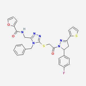 molecular formula C30H25FN6O3S2 B2920526 N-{[4-benzyl-5-({2-[5-(4-fluorophenyl)-3-(thiophen-2-yl)-4,5-dihydro-1H-pyrazol-1-yl]-2-oxoethyl}sulfanyl)-4H-1,2,4-triazol-3-yl]methyl}furan-2-carboxamide CAS No. 362510-05-2