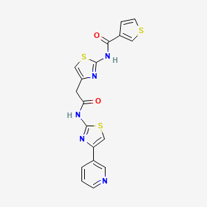 molecular formula C18H13N5O2S3 B2920544 N-(4-(2-oxo-2-((4-(pyridin-3-yl)thiazol-2-yl)amino)ethyl)thiazol-2-yl)thiophene-3-carboxamide CAS No. 1211294-24-4