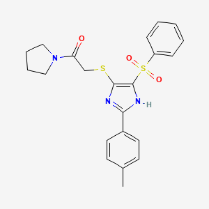 molecular formula C22H23N3O3S2 B2920587 2-{[4-(benzenesulfonyl)-2-(4-methylphenyl)-1H-imidazol-5-yl]sulfanyl}-1-(pyrrolidin-1-yl)ethan-1-one CAS No. 1021037-51-3