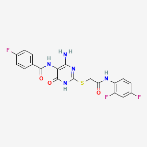 molecular formula C19H14F3N5O3S B2920690 N-(4-amino-2-((2-((2,4-difluorophenyl)amino)-2-oxoethyl)thio)-6-oxo-1,6-dihydropyrimidin-5-yl)-4-fluorobenzamide CAS No. 888417-00-3