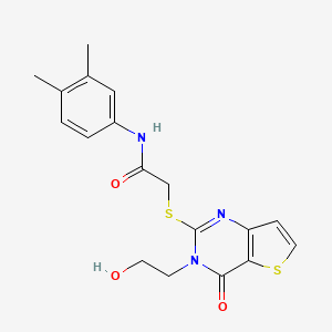molecular formula C18H19N3O3S2 B2921165 N-(3,4-dimethylphenyl)-2-((3-(2-hydroxyethyl)-4-oxo-3,4-dihydrothieno[3,2-d]pyrimidin-2-yl)thio)acetamide CAS No. 1798620-51-5