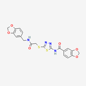 molecular formula C20H16N4O6S2 B2921222 N-(5-((2-((benzo[d][1,3]dioxol-5-ylmethyl)amino)-2-oxoethyl)thio)-1,3,4-thiadiazol-2-yl)benzo[d][1,3]dioxole-5-carboxamide CAS No. 893146-85-5