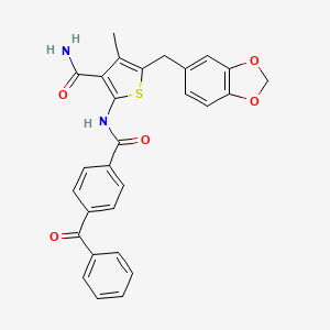 molecular formula C28H22N2O5S B2921307 5-(1,3-Benzodioxol-5-ylmethyl)-2-[(4-benzoylbenzoyl)amino]-4-methylthiophene-3-carboxamide CAS No. 476368-48-6